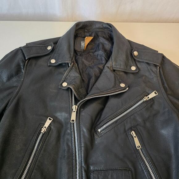 Prime Parts Leather Belted Motorcycle Jacket Men's 42 Black Biker Bomber USA VTG - Picture 4 of 16